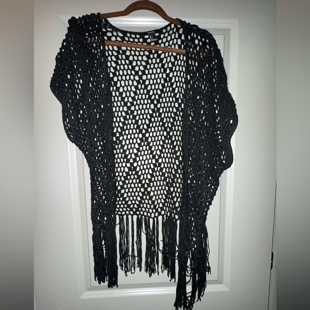 Forever 21 Black Crochet Short Sleeve Fringe Overlay